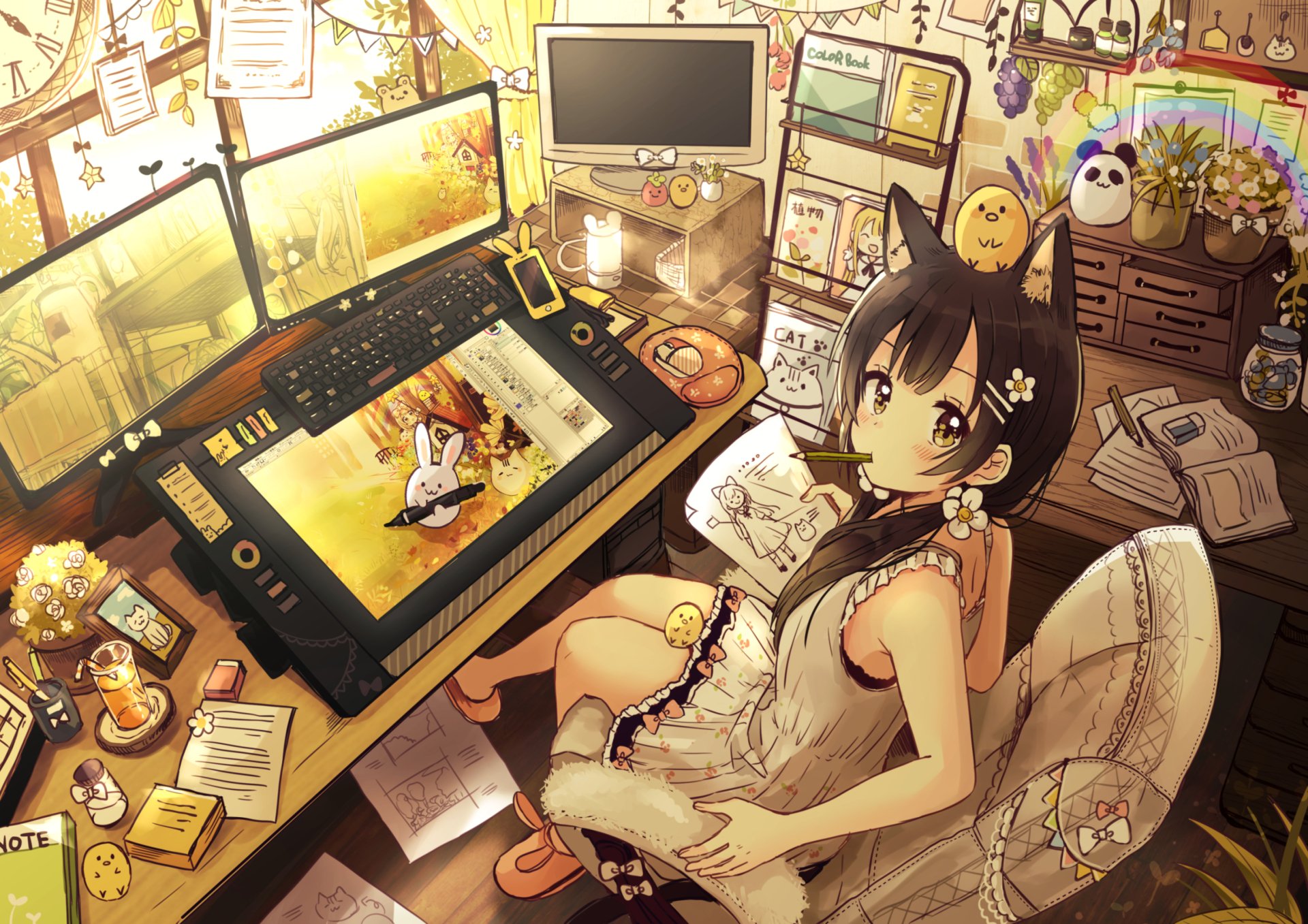 Anime-inspired artwork features a cat girl with black, long hair and brown eyes, surrounded by creative tools like pens and pencils, sitting at a detailed artistic workspace.
