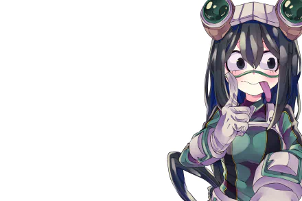 Tsuyu Asui (My Hero Academia) anime 2K Quad HD PC desktop wallpaper: Tsuyu in her hero costume posed at the right against a white background.