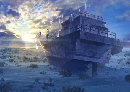 Stunning anime artwork featuring an abandoned ship in a sandy, desolate landscape with a dramatic sunrise. HD desktop wallpaper and background, tagged with Anime, Original.