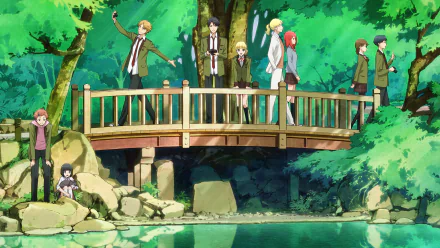 HD PC desktop wallpaper featuring characters from the anime Tada-kun wa Koi wo Shinai standing and sitting by a wooden bridge in a lush green forest.