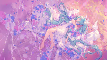 HD PC desktop wallpaper of Hatsune Miku (anime Vocaloid) reclining among pastel blossoms, long teal twin-tails flowing, in a flowing white dress amid pink-purple petals.