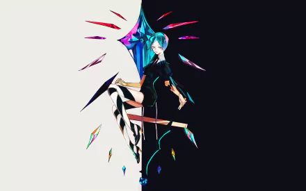 Phosphophyllite (Land of the Lustrous) anime 2K Quad HD PC desktop wallpaper: split light/dark composition of the character with floating crystalline shards.