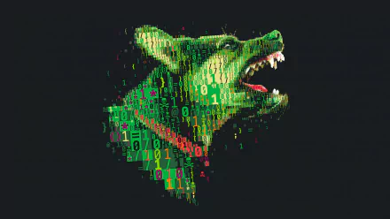 HD glitch art wallpaper featuring a doberman pinscher made from numbers on a dark background.