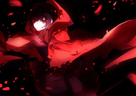 HD PC desktop wallpaper featuring Ruby Rose from the anime RWBY, depicted in dynamic red and black tones with her signature cloak flowing dramatically.