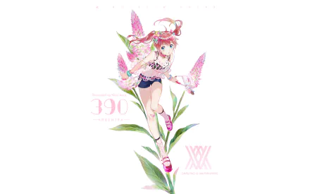 HD PC desktop wallpaper featuring Miku from Darling in the FranXX, showcasing vibrant anime art with pink and green floral elements.