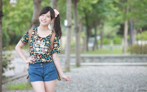 Women Xiaojing Model Shorts Brown Eyes Brunette Asian Smile Ponytail HD Wallpaper | Background Image
