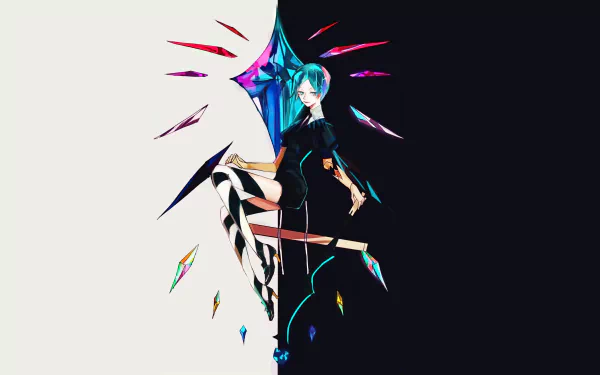 Phosphophyllite (Land of the Lustrous) anime 2K Quad HD PC desktop wallpaper: split light/dark composition of the character with floating crystalline shards.