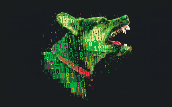 HD glitch art wallpaper featuring a doberman pinscher made from numbers on a dark background.