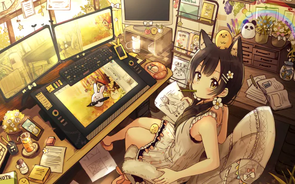 Anime-inspired artwork features a cat girl with black, long hair and brown eyes, surrounded by creative tools like pens and pencils, sitting at a detailed artistic workspace.