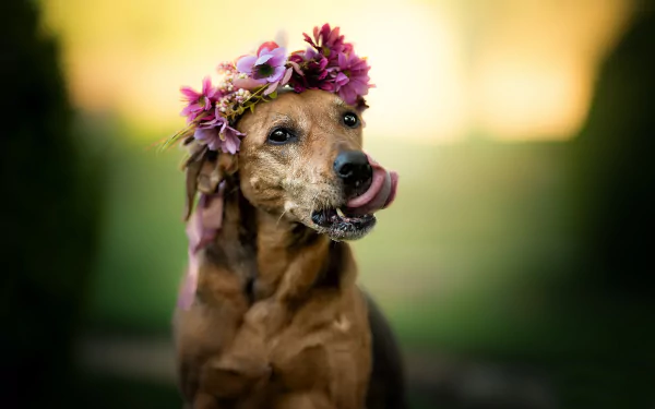 HD desktop wallpaper of a brown dog wearing a floral wreath, tongue out, shallow depth of field creates soft bokeh background.
