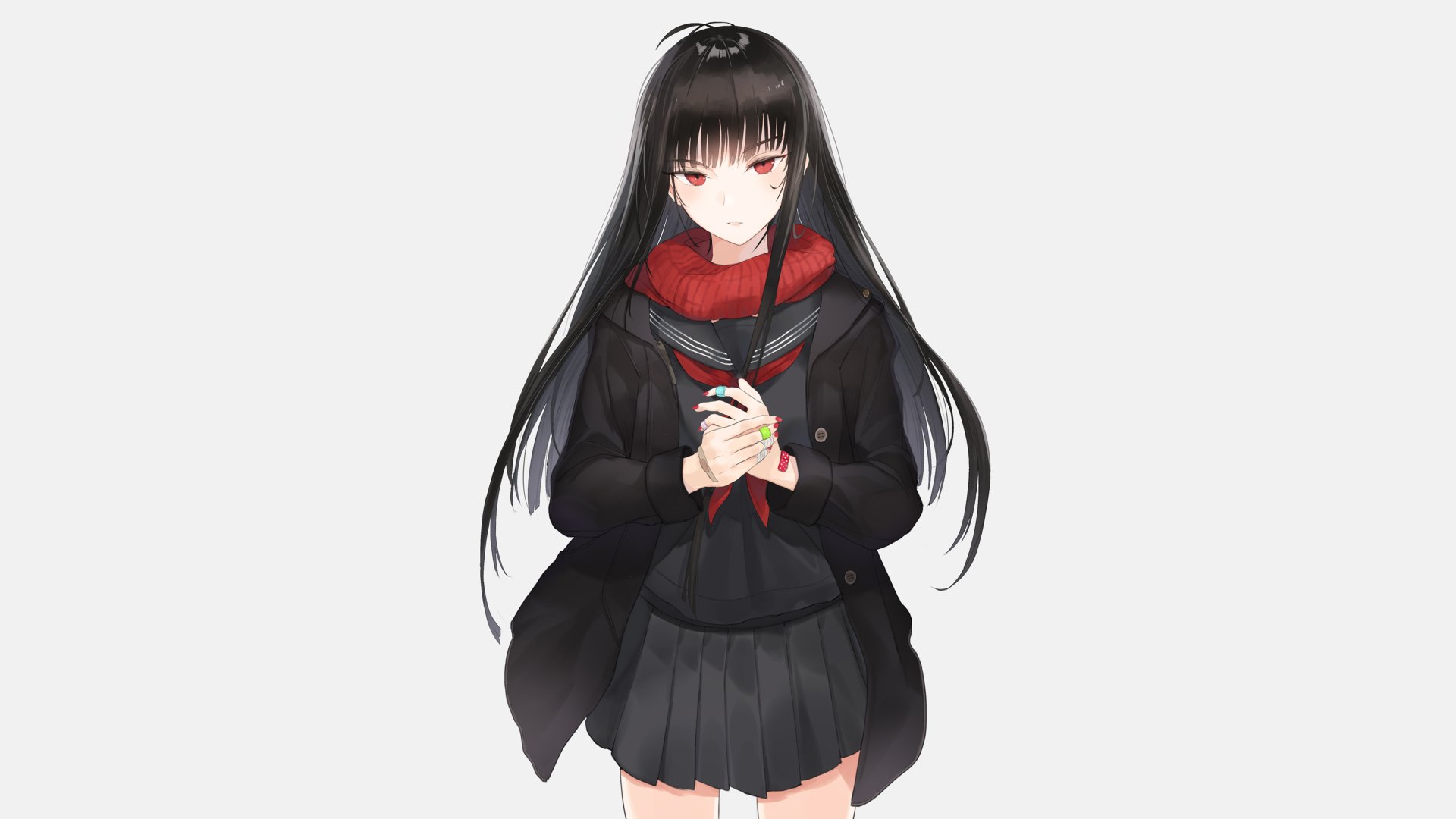 HD wallpaper featuring an anime girl with long black hair and red eyes, dressed in a school uniform, and standing gracefully against a plain background.