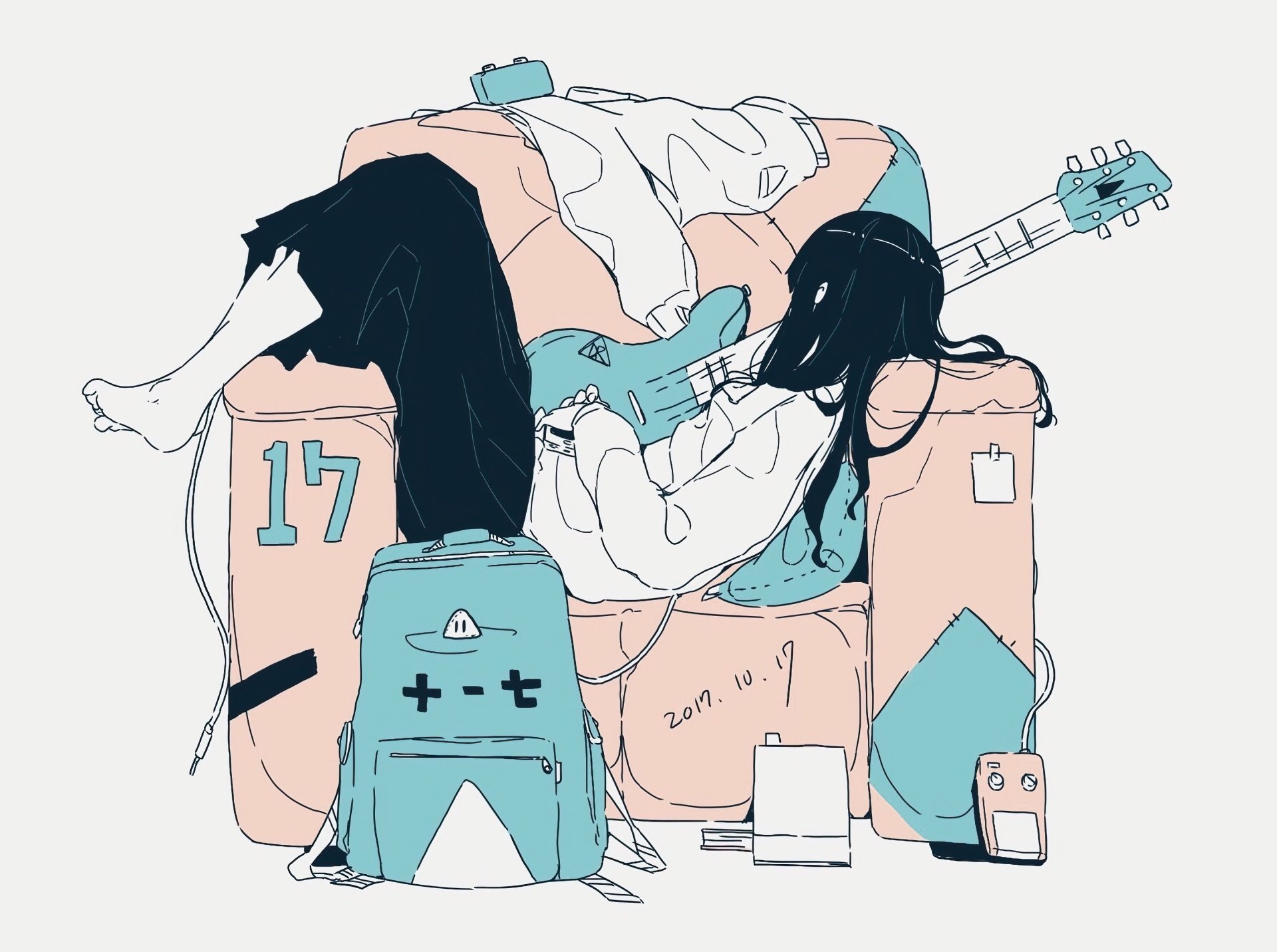 Download Black Hair Long Hair Bag Chair Guitar Anime Original HD Wallpaper by ダイスケリチャード