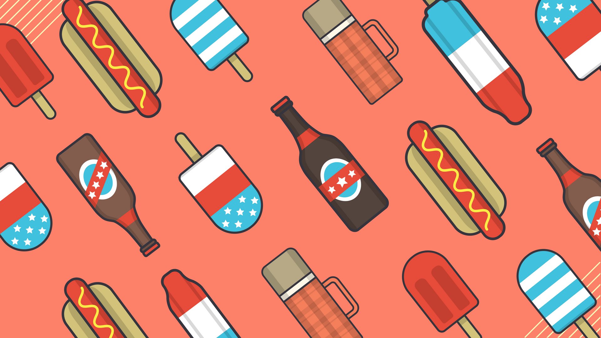 HD PC desktop wallpaper featuring an artistic pattern of hot dogs, popsicles, and condiment bottles in vibrant colors on a red background.