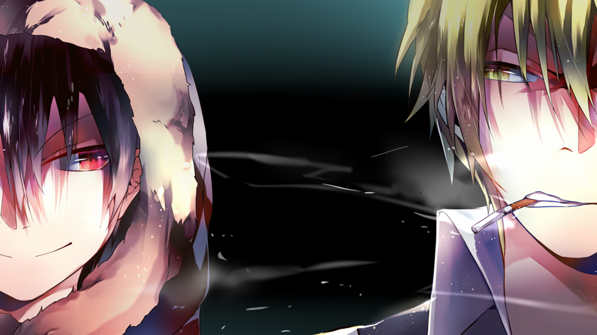 HD anime wallpaper featuring Shizuo Heiwajima and Izaya Orihara from Durarara!!, with a cigarette and intense expressions in a dark, atmospheric background.