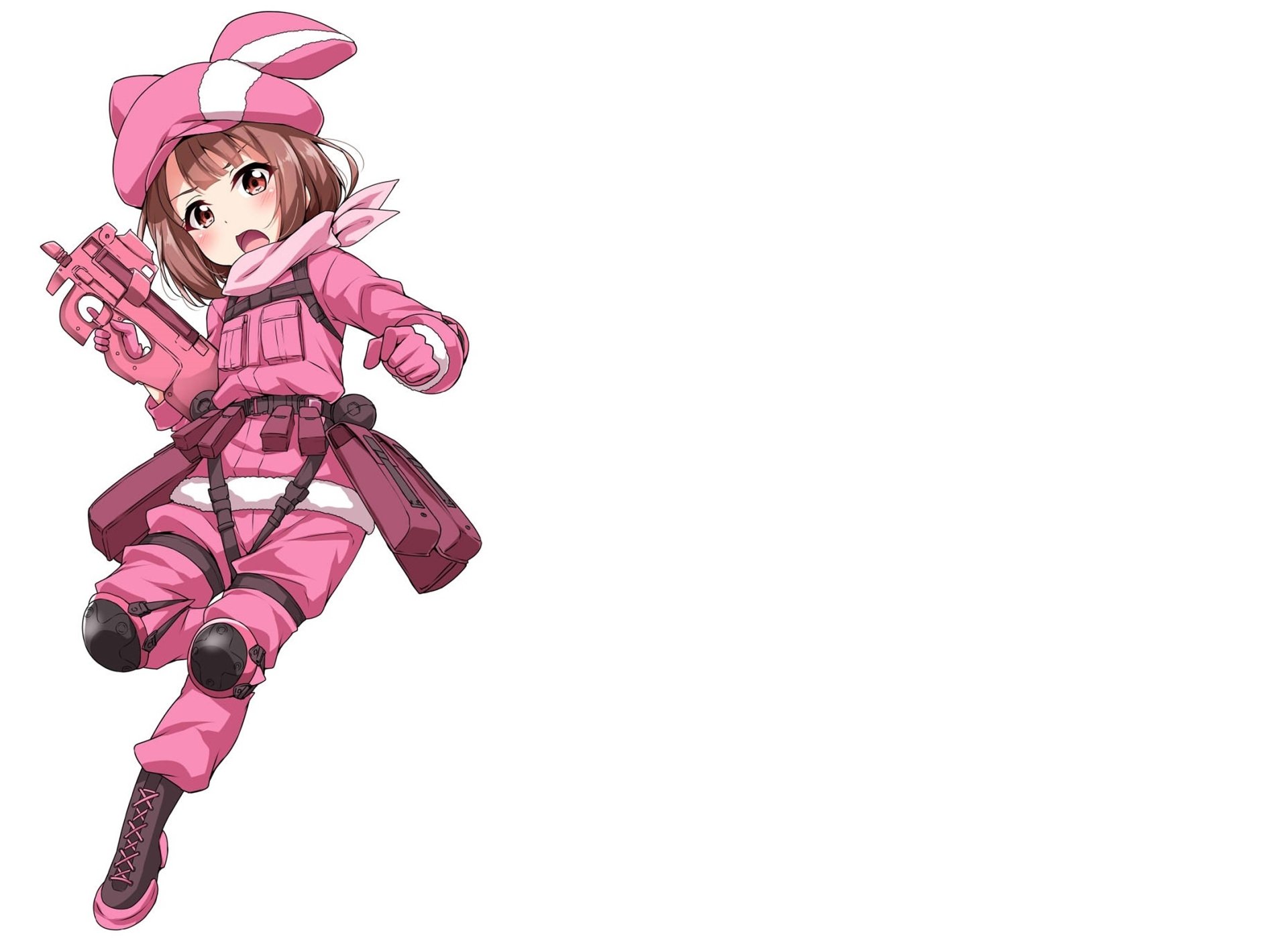 HD PC desktop wallpaper featuring Karen Kohiruimaki as LLENN from the anime Sword Art Online Alternative: Gun Gale Online in her iconic pink outfit and gear.