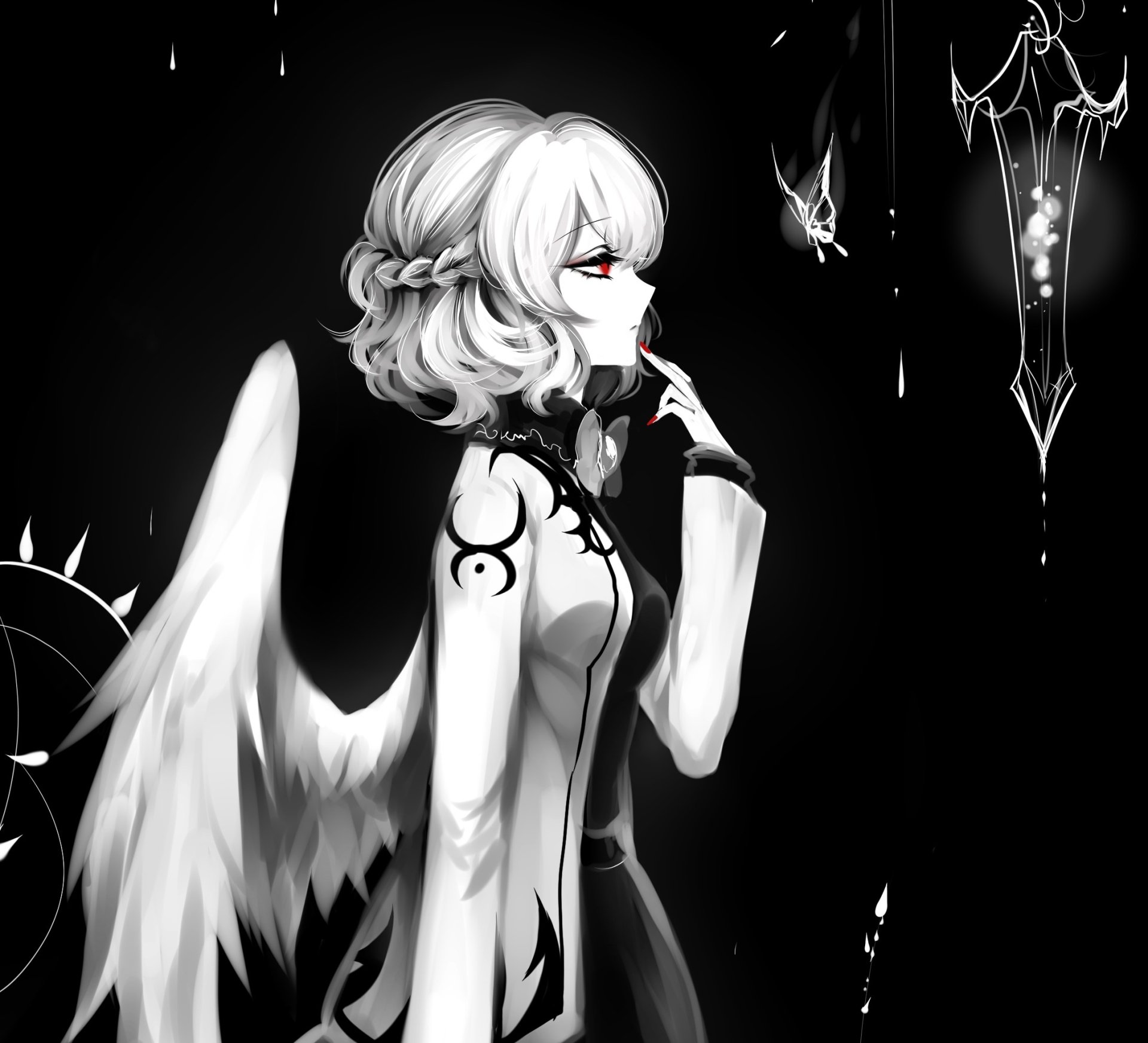 Sagume Kishin, Touhou anime HD PC desktop wallpaper and background — monochrome white-haired angelic figure with wings, red eyes, finger to lips and dangling crystal ornaments on black background.