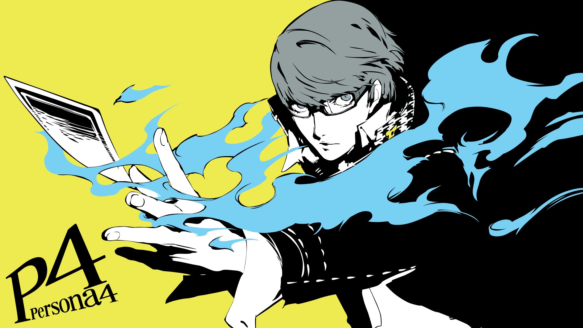 Yu Narukami from Persona 4 is featured in this vibrant 4K Ultra HD wallpaper, showcasing his dynamic pose and powerful persona enhancements against a striking yellow background.