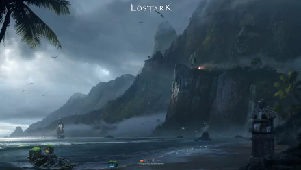 4K Ultra HD Lost Ark video game wallpaper depicting a misty coastal scene with cliffs, palm trees, and distant figures overlooking the dark, moody landscape.