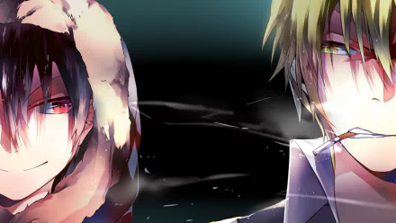 HD anime wallpaper featuring Shizuo Heiwajima and Izaya Orihara from Durarara!!, with a cigarette and intense expressions in a dark, atmospheric background.