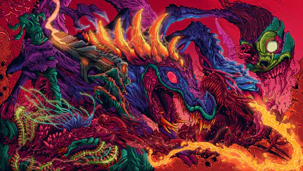Vibrant, psychedelic creature with glowing eyes and fiery spikes in a trippy, colorful artistic style, designed as a high-definition PC desktop wallpaper background.