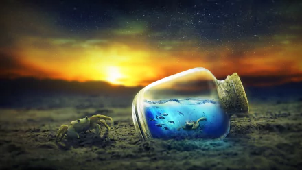 A surreal 4K Ultra HD wallpaper featuring a crab and a turtle near a corked bottle containing ocean water and marine life, set against a vibrant sunset sky.