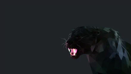 A HD low poly artistic representation of a black panther with an open mouth against a dark background, serving as a desktop wallpaper and background.
