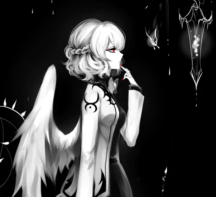 Sagume Kishin, Touhou anime HD PC desktop wallpaper and background — monochrome white-haired angelic figure with wings, red eyes, finger to lips and dangling crystal ornaments on black background.