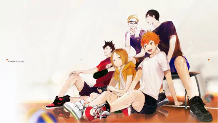 HD PC wallpaper of Haikyū!!: Tobio Kageyama, Shōyō Hinata and teammates sitting on a gym floor, relaxed poses and bright, airy background.