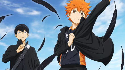 Tobio Kageyama and Shōyō Hinata from the anime Haikyū!! stand confidently against a bright sky, creating a dynamic and inspiring HD desktop wallpaper.