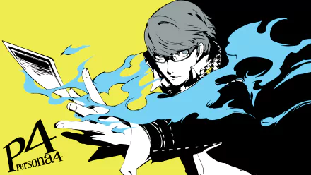 Yu Narukami from Persona 4 is featured in this vibrant 4K Ultra HD wallpaper, showcasing his dynamic pose and powerful persona enhancements against a striking yellow background.