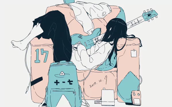 black hair long hair bag chair guitar Anime Original HD Desktop Wallpaper | Background Image
