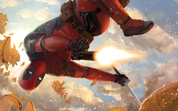 Deadpool (Deadpool 2) flips midair, firing pistols amid explosions and floating debris against a dramatic cloud-filled sky — HD PC desktop wallpaper.