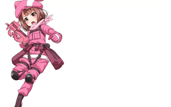 HD PC desktop wallpaper featuring Karen Kohiruimaki as LLENN from the anime Sword Art Online Alternative: Gun Gale Online in her iconic pink outfit and gear.
