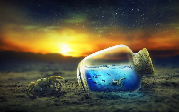 A surreal 4K Ultra HD wallpaper featuring a crab and a turtle near a corked bottle containing ocean water and marine life, set against a vibrant sunset sky.