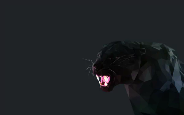 A HD low poly artistic representation of a black panther with an open mouth against a dark background, serving as a desktop wallpaper and background.
