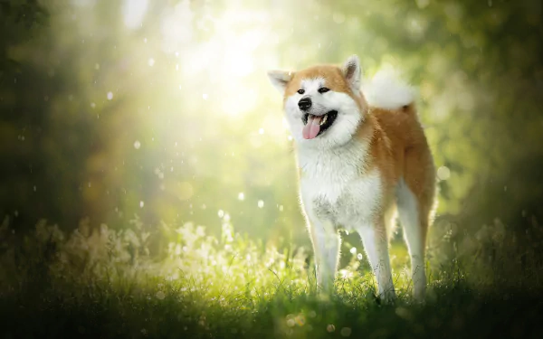 HD PC desktop wallpaper of an Akita dog (Animal) standing in a sunlit grassy clearing, tongue out and tail curled against a soft bokeh background.
