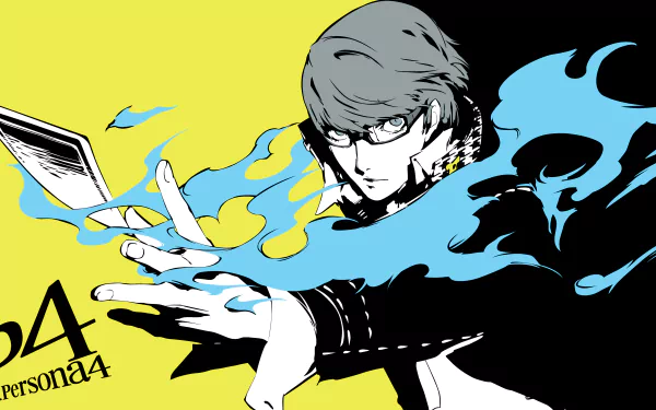 Yu Narukami from Persona 4 is featured in this vibrant 4K Ultra HD wallpaper, showcasing his dynamic pose and powerful persona enhancements against a striking yellow background.