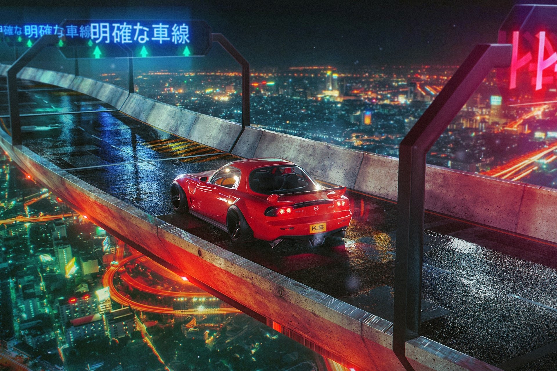 A red Mazda car parked on a high, neon-lit cyberpunk city street at night, captured in vivid HD detail for a PC desktop wallpaper.