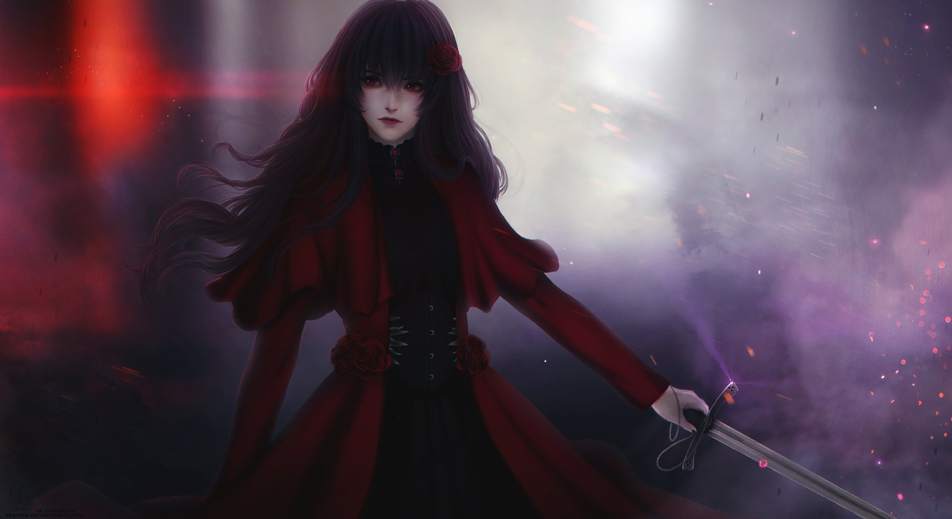 HD anime wallpaper featuring an original character with long hair in a red dress, wielding a sword. The background is dark and atmospheric, with a rose theme subtly integrated.