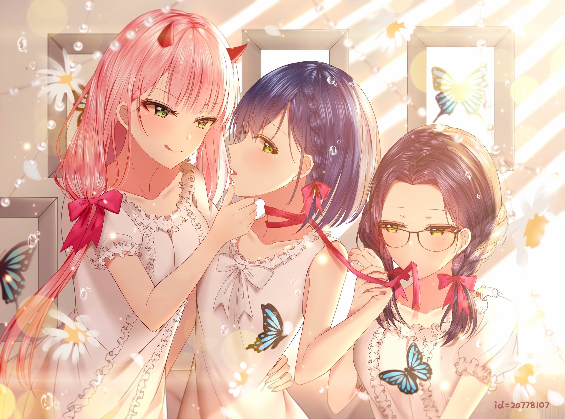 HD desktop wallpaper featuring Ikuno, Ichigo, and Zero Two from Darling in the FranXX anime, adorned with butterflies and flowers in a light, sunny atmosphere.