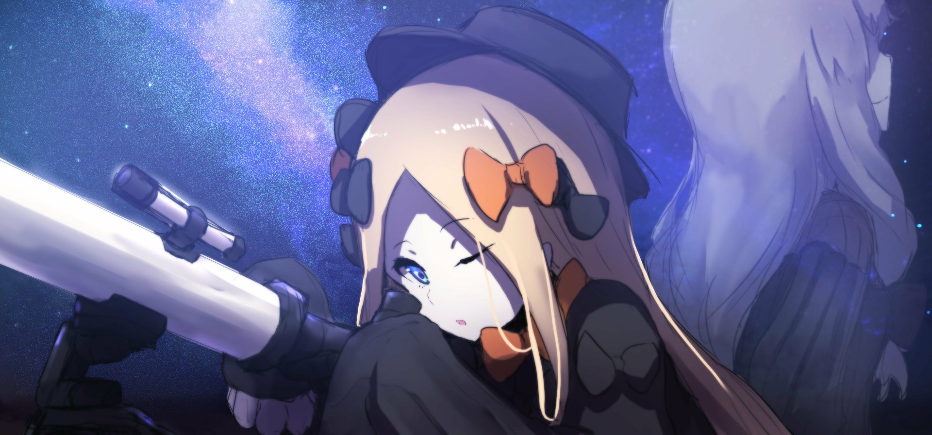HD PC desktop wallpaper featuring Abigail Williams from the anime Fate/Grand Order, depicted with a focused expression and a large weapon against a starry background.