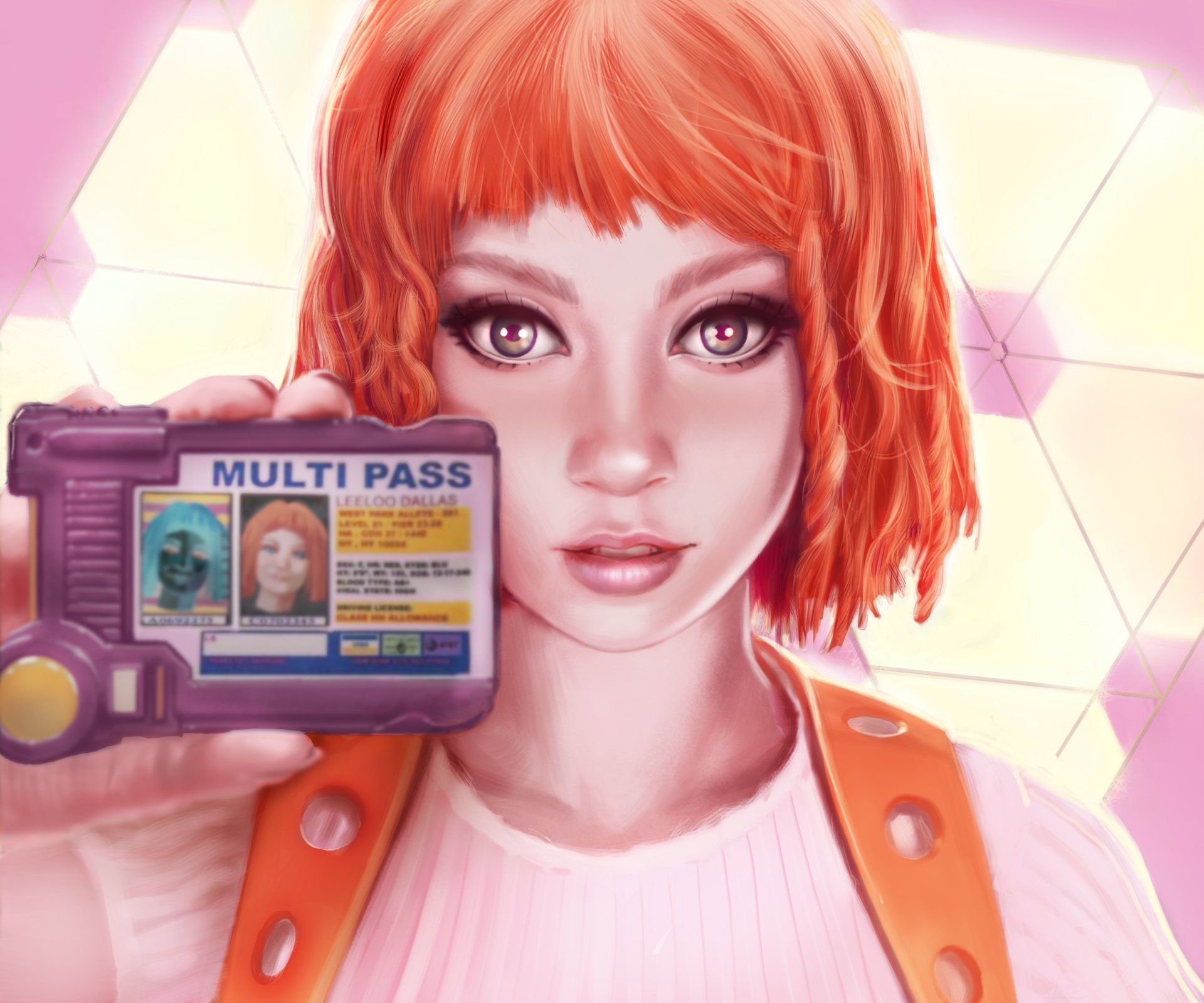 Close-up of Leeloo (The Fifth Element) with vivid orange hair holding a purple Multi Pass ID, soft-lit and stylized 2K Quad HD movie PC desktop wallpaper.