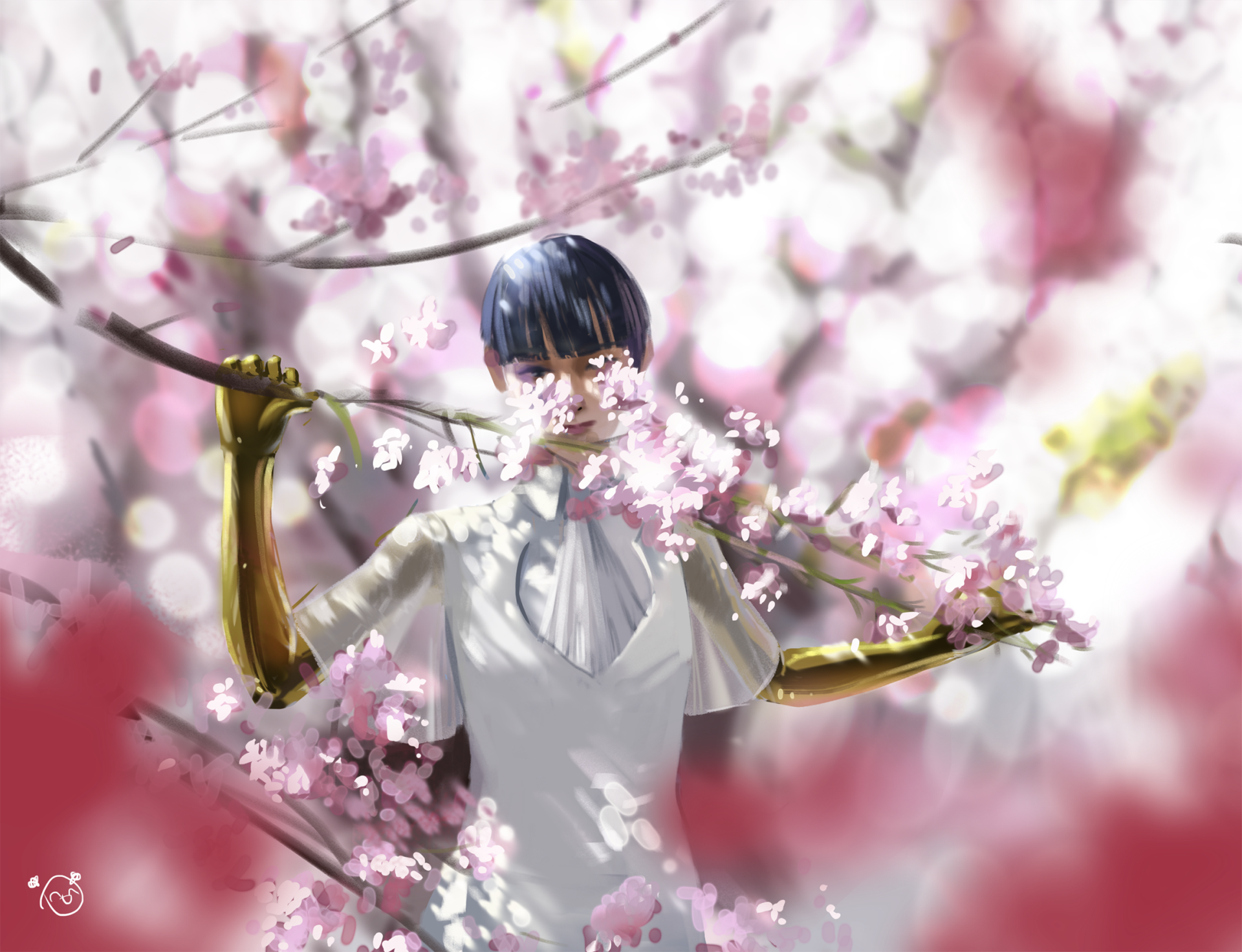 Lapis Lazuli from Land of the Lustrous stands amidst blooming cherry blossoms in this HD anime desktop wallpaper, blending delicate blossoms with striking character design.