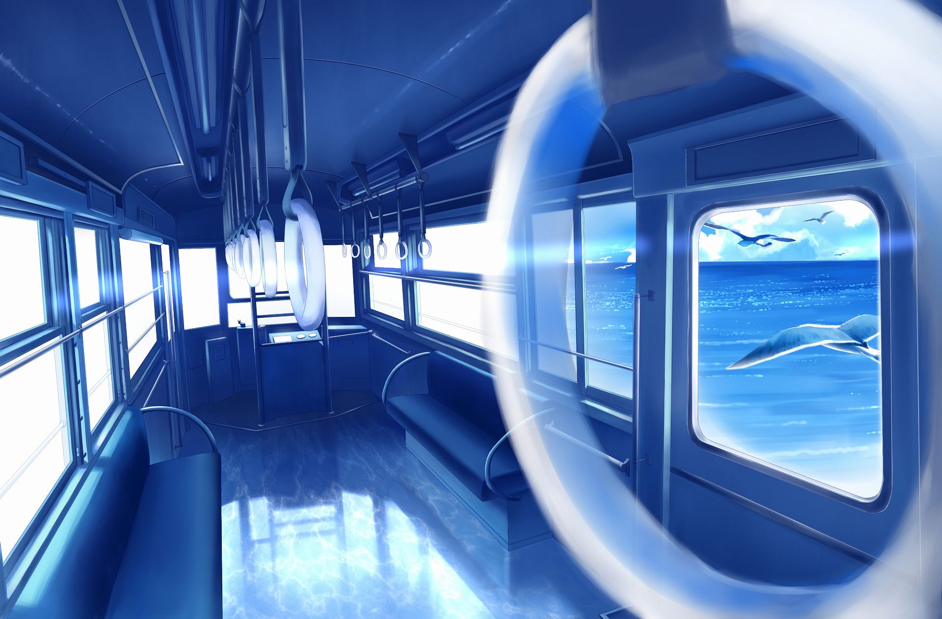 Original anime HD PC desktop wallpaper/background: tranquil blue train interior looking out at the ocean, with anime birds soaring past the windows.