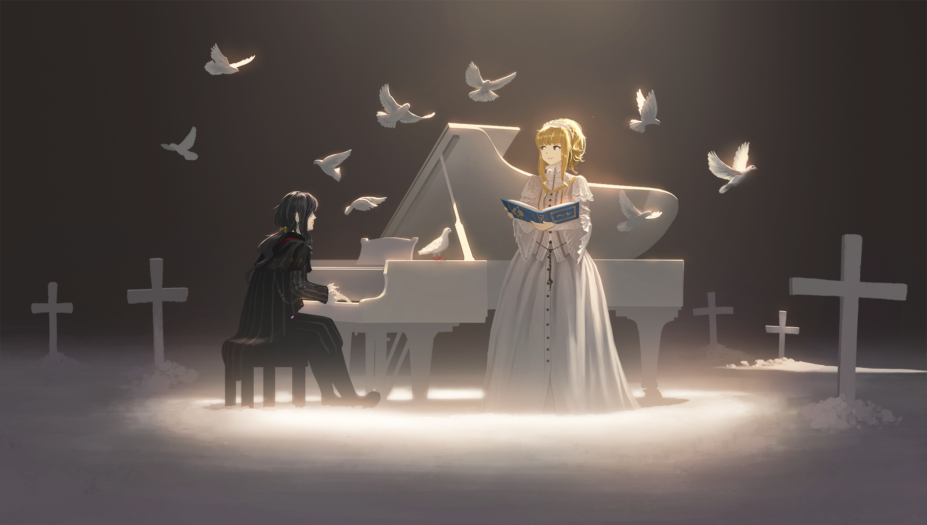 Anime HD wallpaper of Elisabeth von Wettin singing from a book beside a pianist at a white grand piano in a moonlit cemetery, doves circling — evokes Sound Horizon’s Märchen von Friedhof.