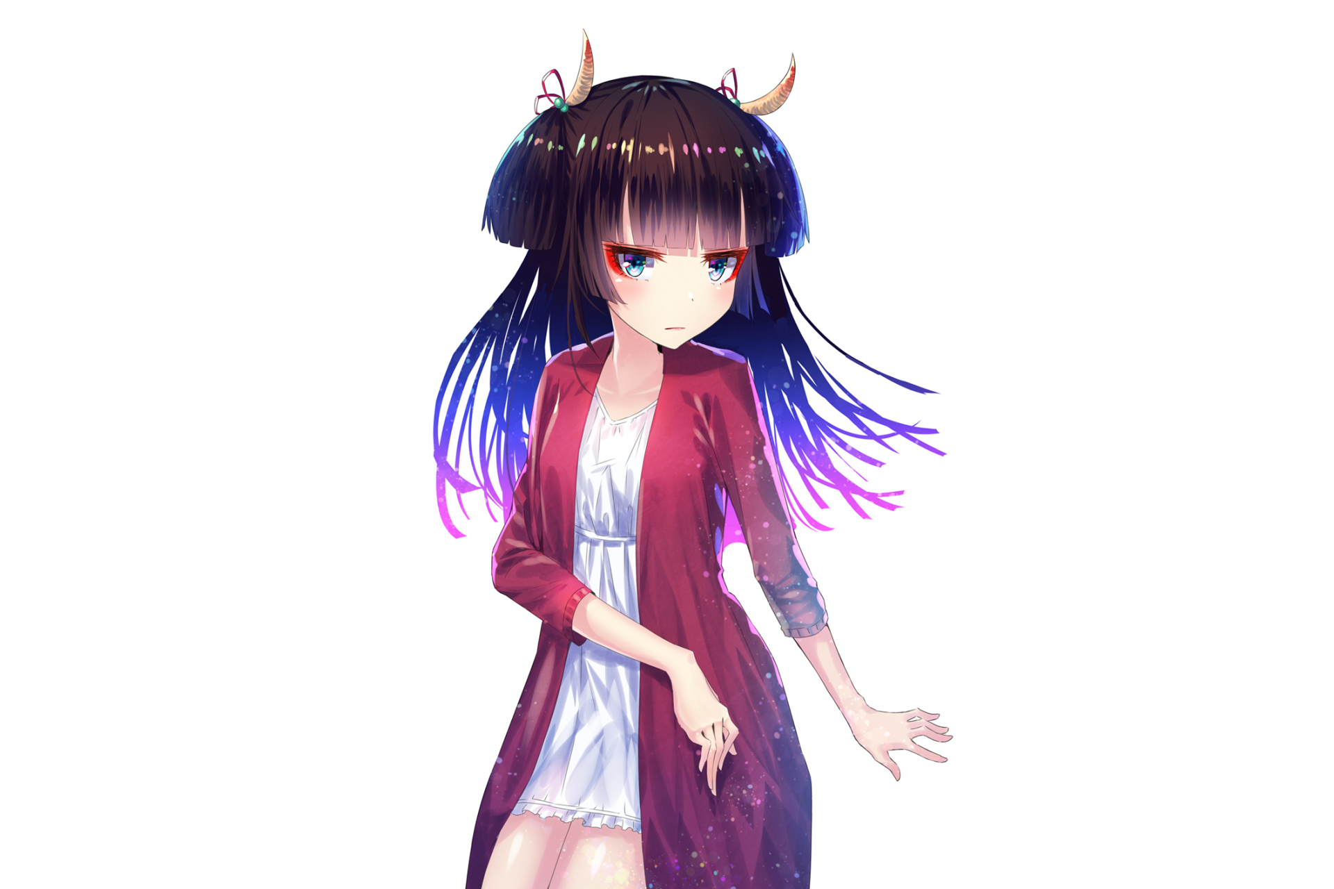 Original anime HD PC wallpaper: horned girl with black-to-purple hair in a white dress and maroon robe against a soft white background.