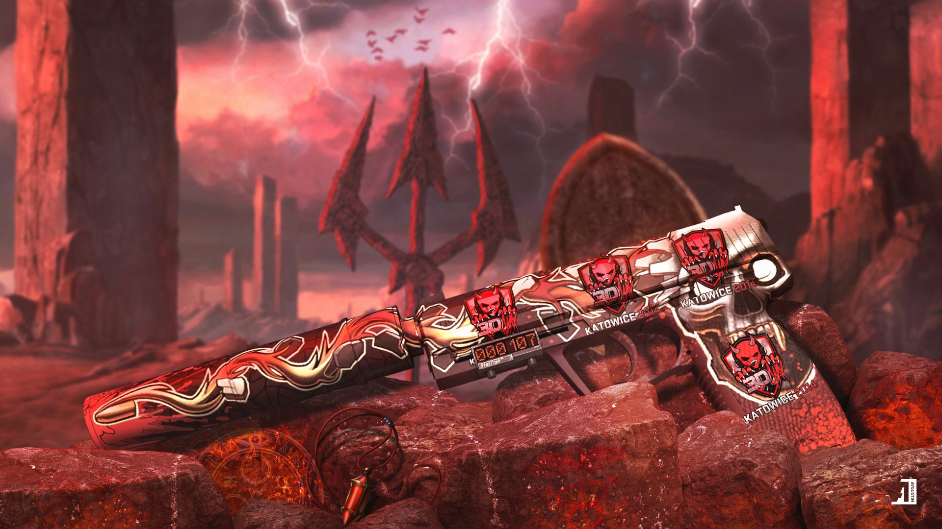 HD PC desktop wallpaper featuring a fiery, stylized weapon from Counter-Strike: Global Offensive set against a dark, apocalyptic background with red lightning.