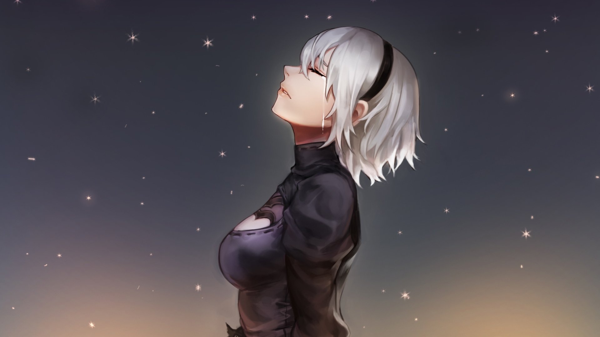HD desktop wallpaper featuring YoRHa No.2 Type B from NieR: Automata, with short white hair, a headband, and tears on her face, looking up at a starry sky.