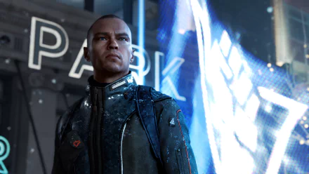 High-resolution 4K Ultra HD PC desktop wallpaper featuring Markus from the video game Detroit: Become Human, standing in a futuristic urban environment.