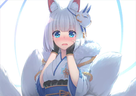 HD desktop wallpaper featuring Kaga from Azur Lane with white hair, blue eyes, and animal ears. The character has a blush on her cheeks and is wearing traditional attire.